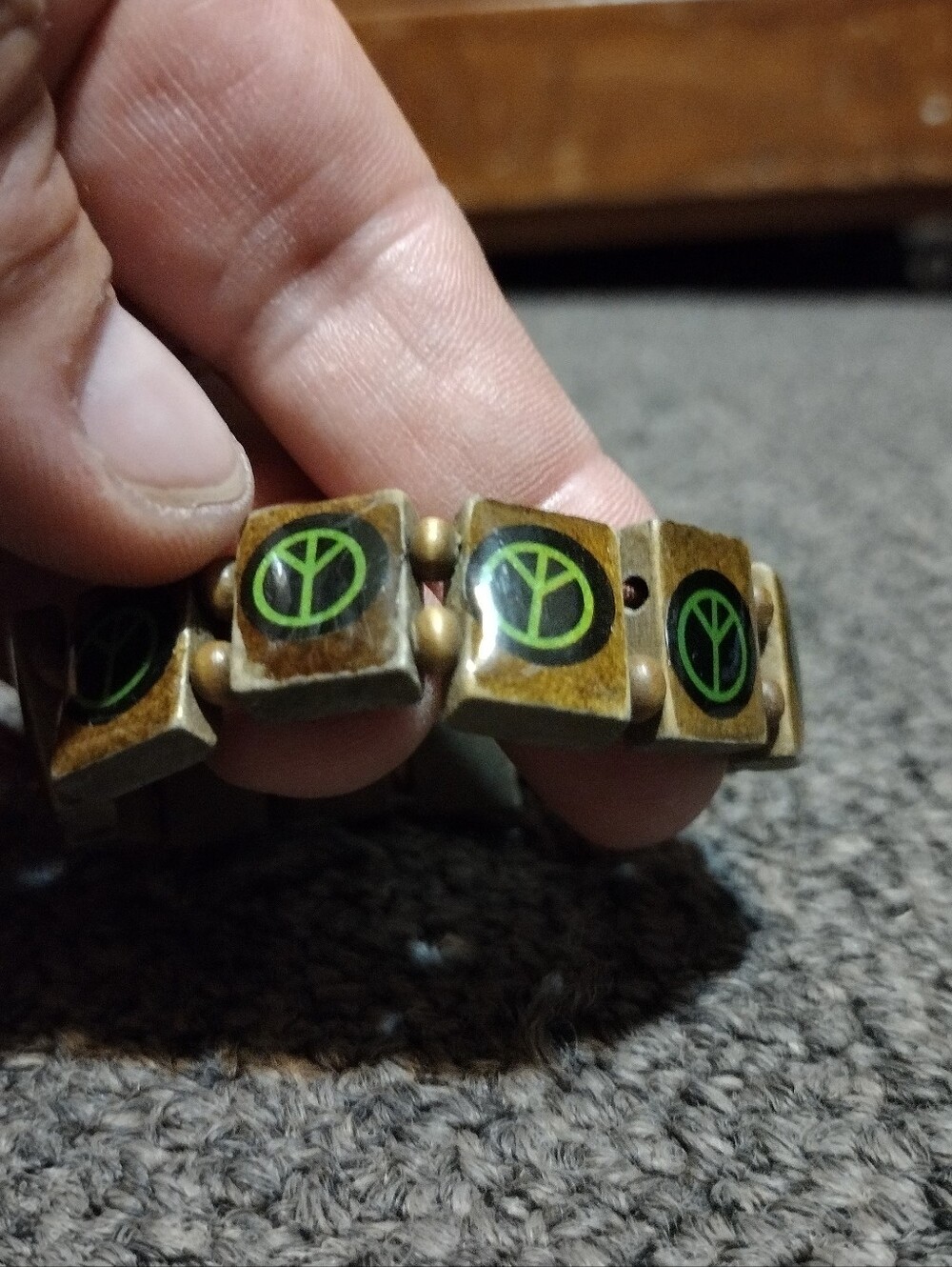 Wooden Peace Sign Stretch Bracelet - Brown with Neon Green Accents